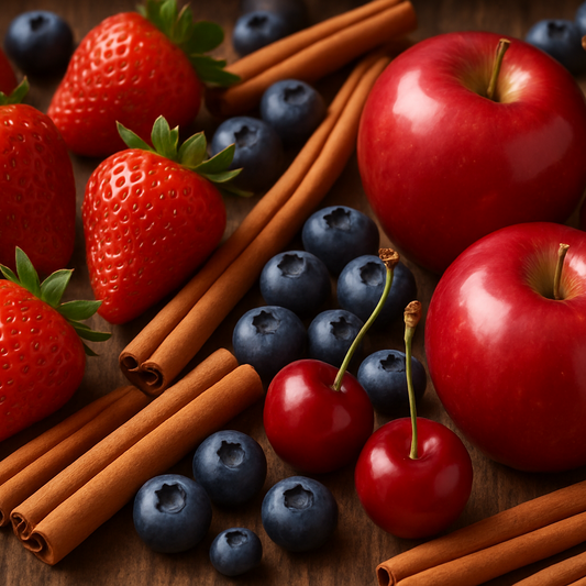 strawberries, red apples, blueberries, cherries and cinnamon