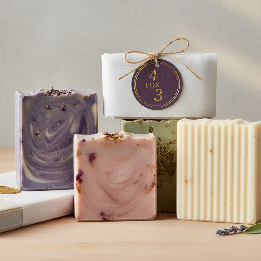 Five bars of soap with different textures and colors on a wooden surface, with a book and lavender flowers.