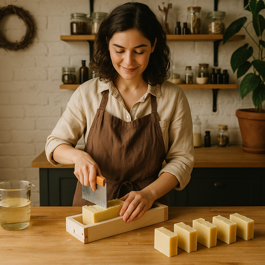 A woman wearing a brown apron and beige shirt smiles as she slices handmade soap bars in a cozy, rustic studio filled with jars of natural ingredients and a potted plant.