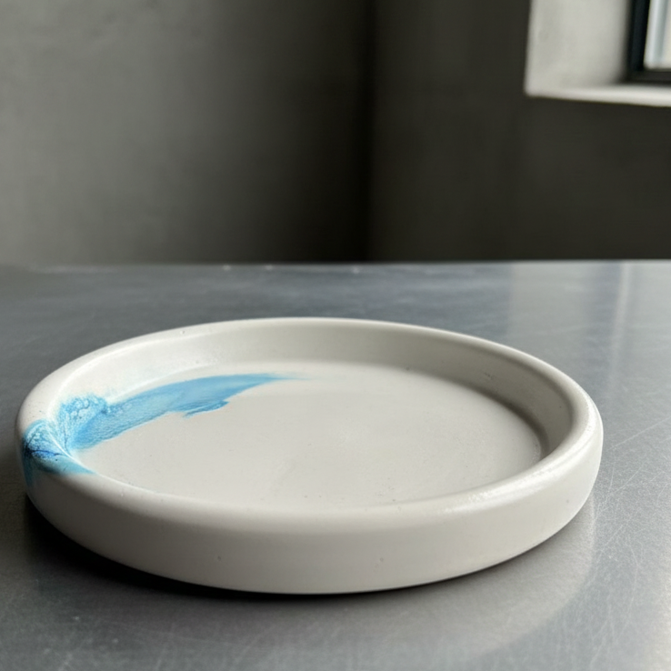 Ceramic dish with blue accent on a gray surface
