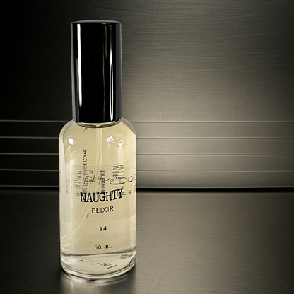 Bottle of 'Naughty Elixir' on a reflective surface with a metallic background