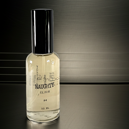Bottle of 'Naughty Elixir' on a reflective surface with a metallic background