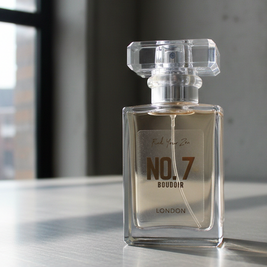 Perfume bottle labeled 'No. 7' on a reflective surface with a blurred window background