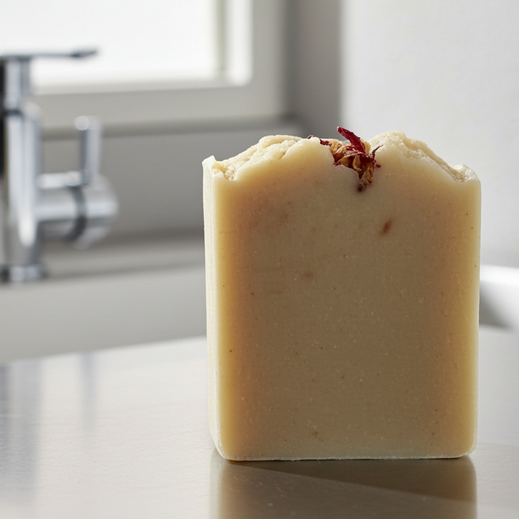 Bar of soap on a bathroom counter with a blurred background