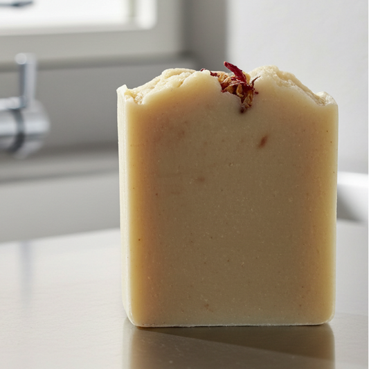 Bar of soap on a bathroom counter with a blurred background
