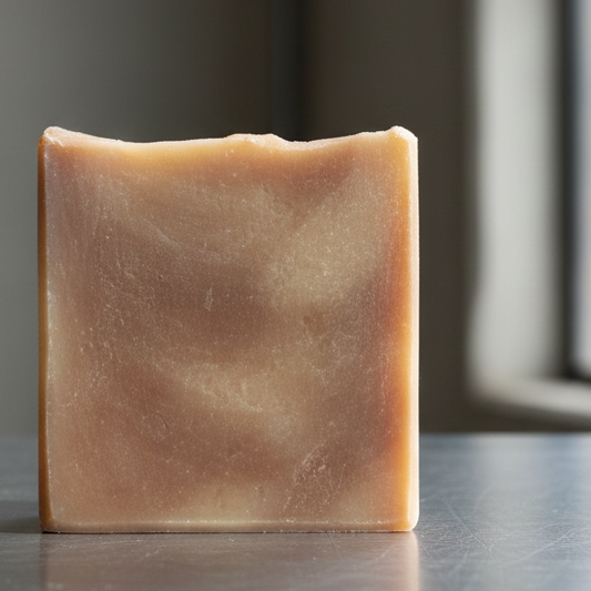 Bar of soap on a reflective surface with a blurred background