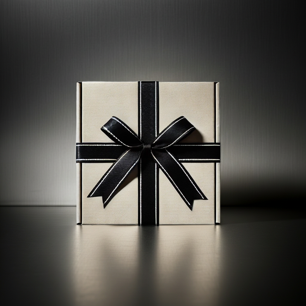Gift box with a black ribbon on a dark background