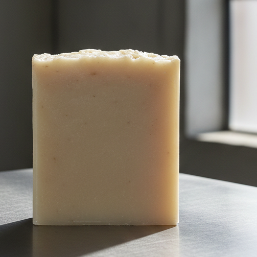 Bar of soap on a metallic surface with a window in the background